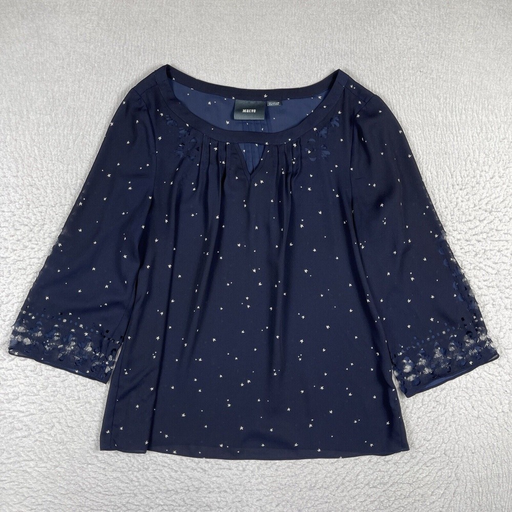 Anthropologie Meave Shirt Womens 4 Blue Stars Keyhole Sheer Blouse Career Casual